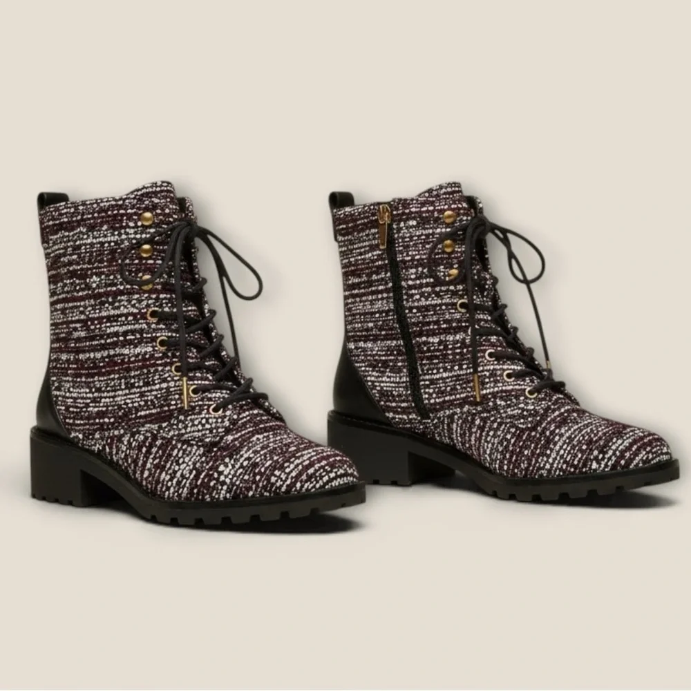 TORY BURCH Burgundy Tweed Lace-Up Lug Boots